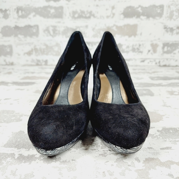 Calvin Klein Black Suede Slip On Evening/Office Silver Wedge Heels D121 - Picture 3 of 12